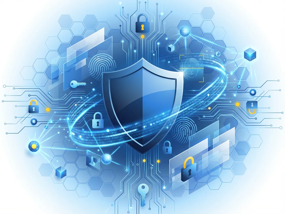 Illustration of a security shield surrounded by identity, encryption and compliance controls