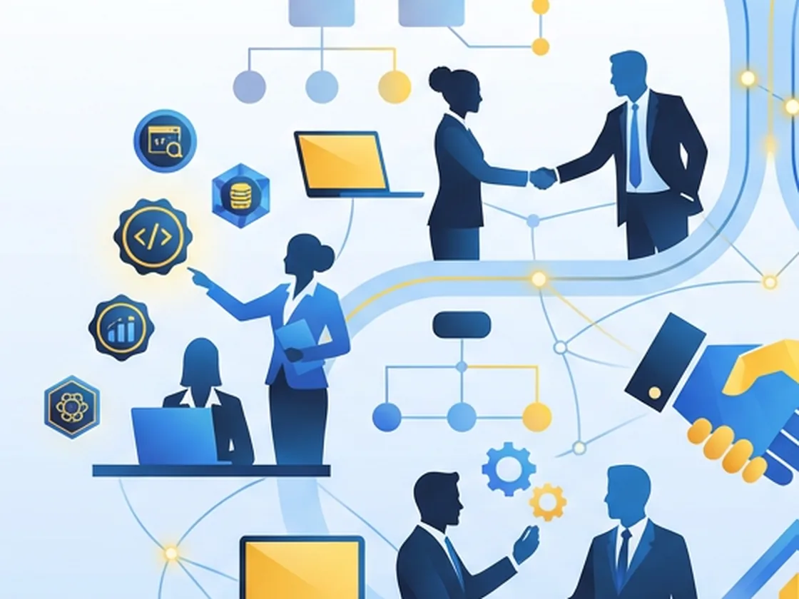 Illustration of IT consultants collaborating with a client team