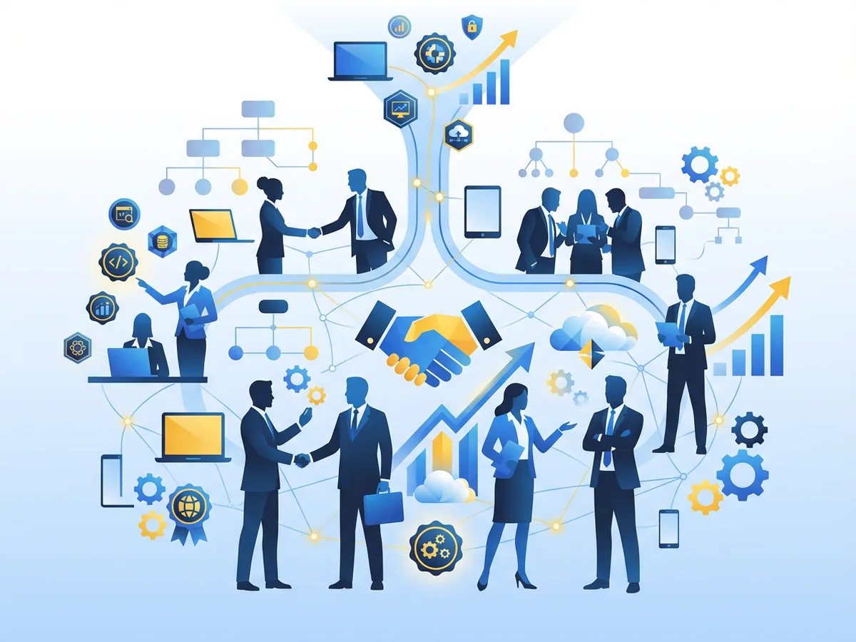 Illustration of enterprise teams and IT specialists collaborating across a connected network
